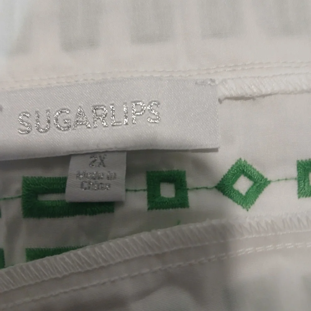 Sugarlips Womens 2X White Green Embroidered Square Neck Puff Sleeve Blouse Top